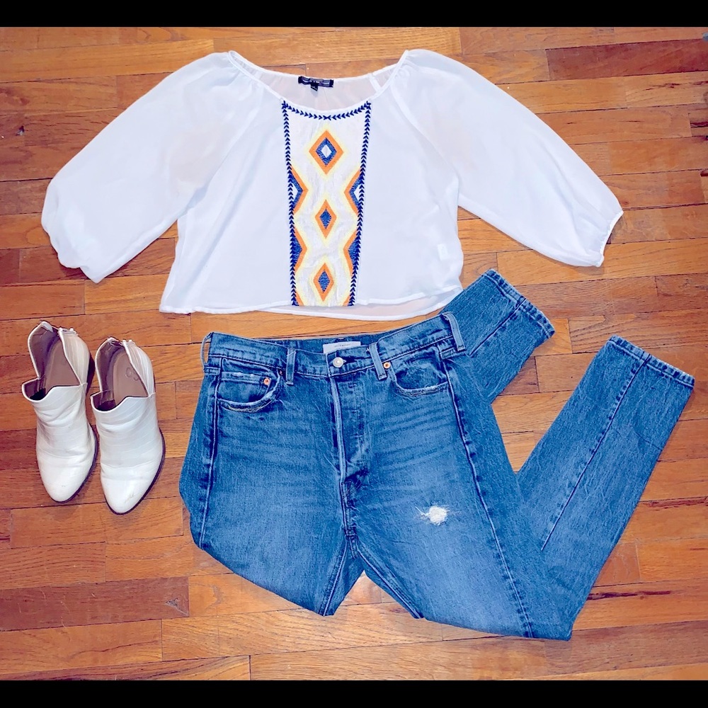 Orange and blue patterned shirt